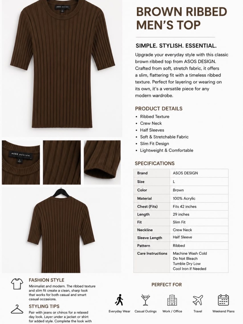 Size L , Men’s ASOS DESIGN Brown Ribbed Knit Crew Neck - Short Sleeve Slim Top